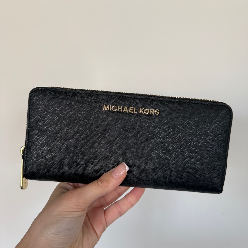 Michael Kors Black Saffiano Zip Wallet with Gold Logo